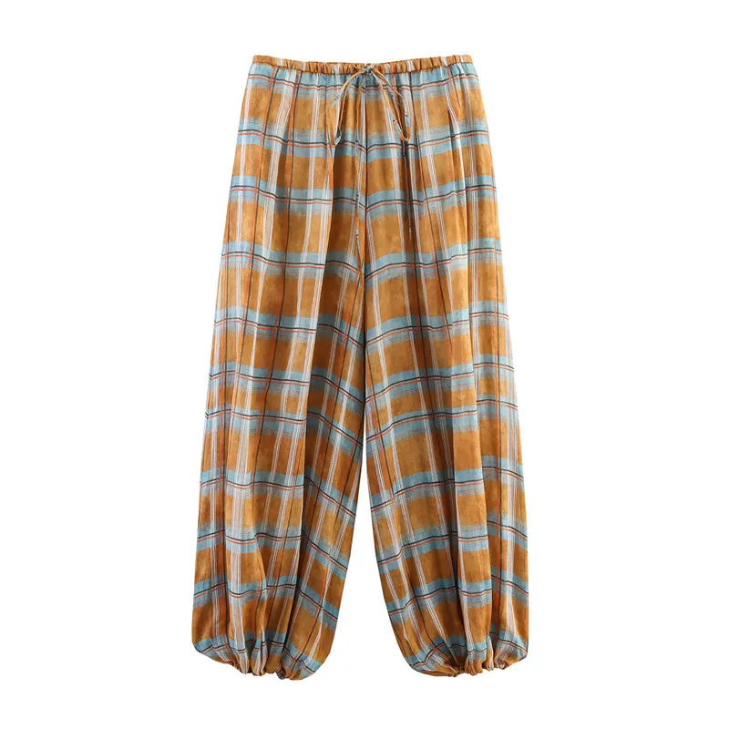 Women's Vintage Plaid Lantern Pants Casual Cotton Linen Blend Loose Drawstring Elastic Waist Trousers Daily Travel Pants