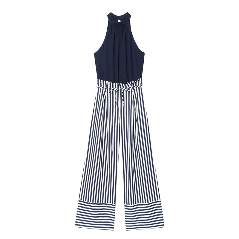 Damen Neckholder Jumpsuit Mit Weitem Bein Ärmellos Marineblau Solid Top Gestreiftes Unterteil Casual Urlaub Jumpsuit