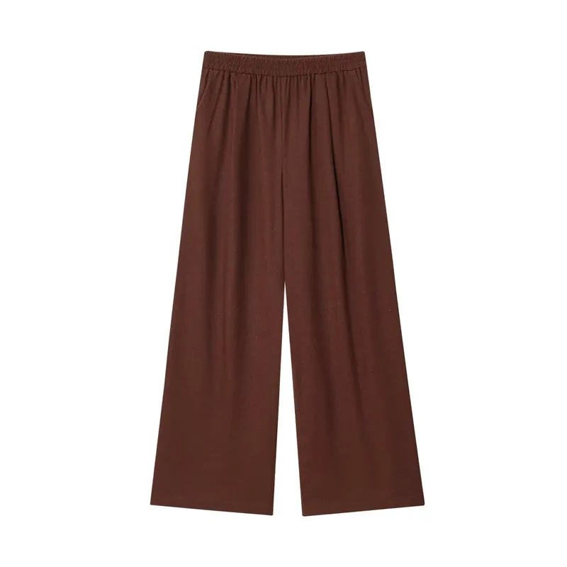 Damen Casual Baumwoll-Leinen-Mischung Hose Mit Weitem Bein Elastischer Bund Locker Gerade Trousers Mit Taschen Einfarbig