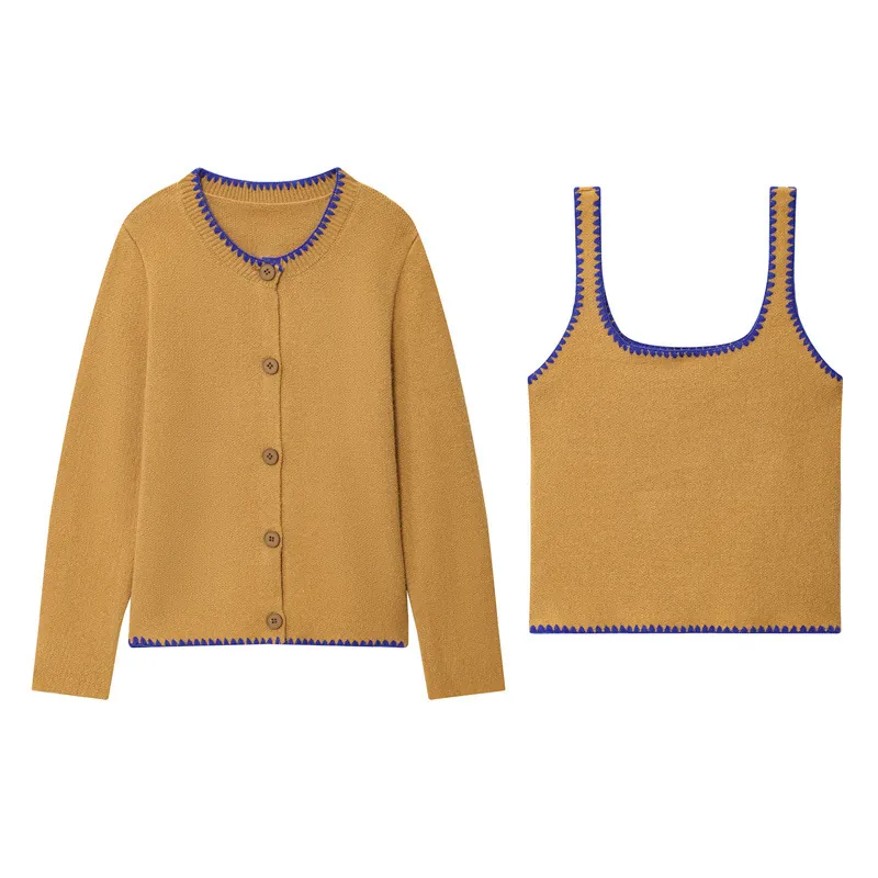 Set Top Camisole e Cardigan in Maglia Giallo Senape Vintage da Donna Bordo Ondulato a Contrasto Ricamato Scollo a V Manica Lunga Monopetto Maglieria