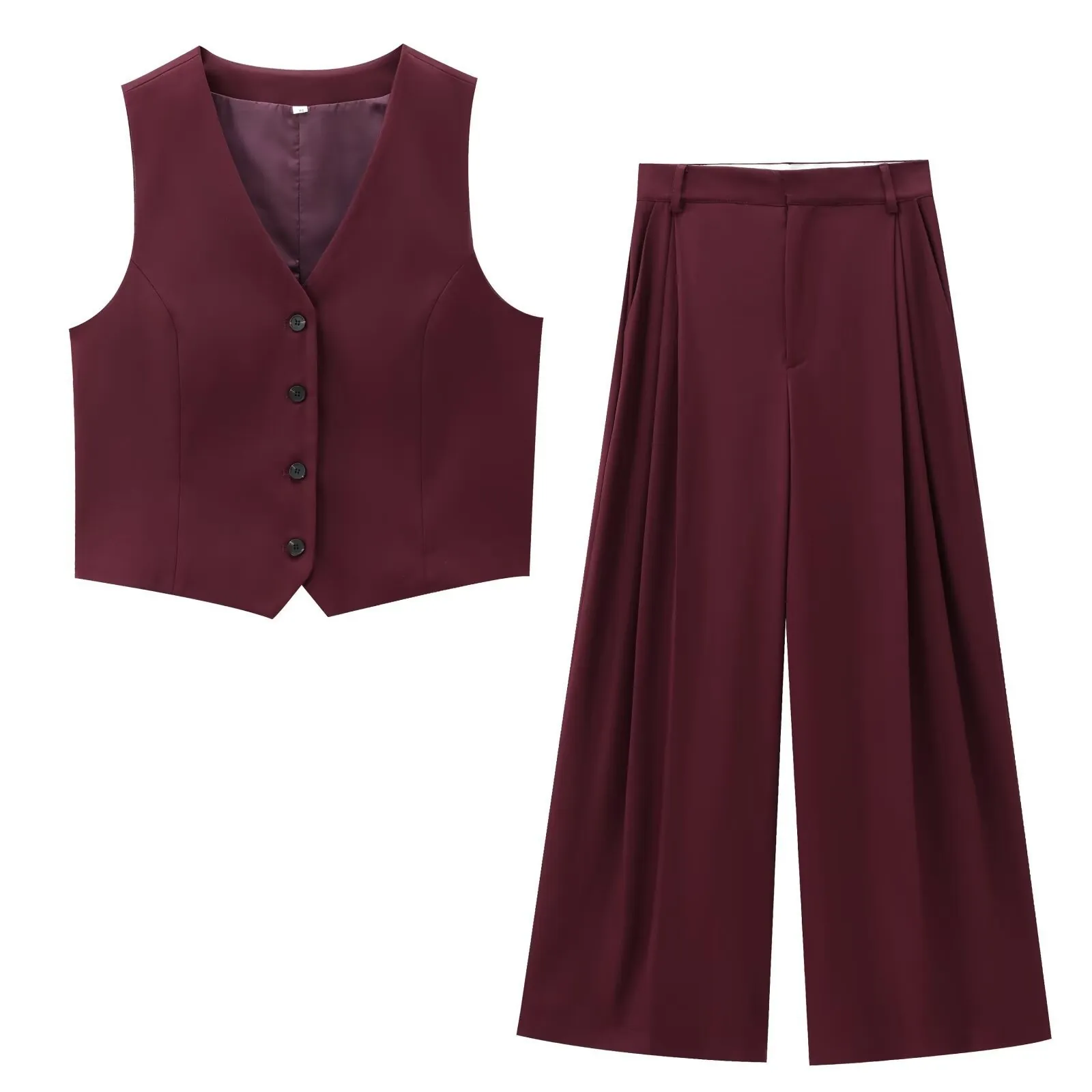 Damen Minimalistisch Herbst Weinrot Weste Und Weite Hose V-Ausschnitt Einreihig Ärmellos Top Hohe Taille Plissierte Hose