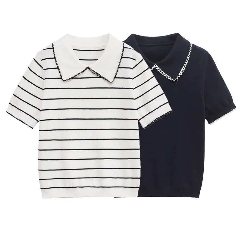 Haut en Tricot à Manches Courtes avec Bord Festonné Col Claudine Décontracté Rayé Couleur Unie Cardigan pour Femme
