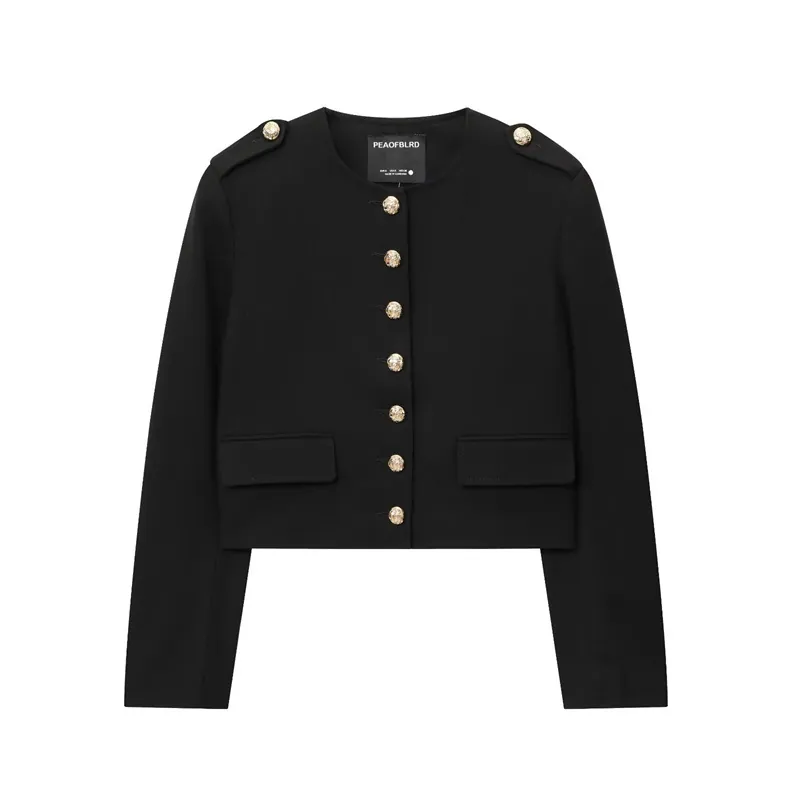 Women Elegant Chanel Style Short Jacket With Gold Embossed Buttons Casual Black Round Neck Cardigan Outerwear For Ladies