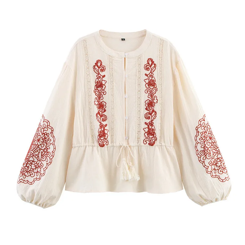 Bohemian Floral Embroidery Blouse Long Sleeve Round Neck Tassel Drawstring Waist Cotton Blend Women Top Ethnic Blouse
