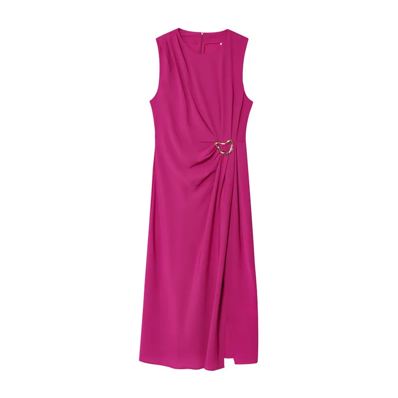 Women Elegant Sleeveless Round Neck Ruched Midi Dress With Gold Buckle Fuchsia Back Zipper Side Slit Solid Color Party Dress