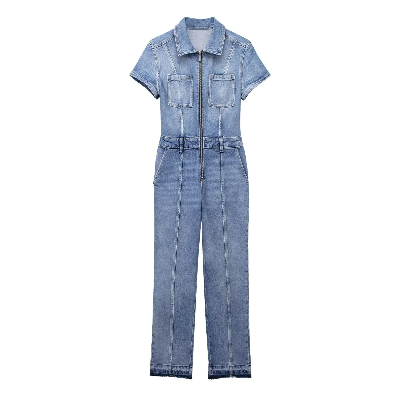 Combinaison en Denim Décontractée pour Femmes Manches Courtes Revers Fermeture Éclair Devant Jambe Droite Ourlet Effiloché Bleu
