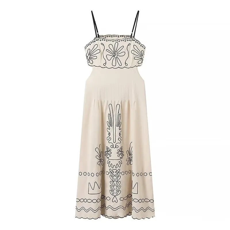 Damen Bestickt Spaghettiträger Midikleid Wellenkante Off-White Baumwolle Leinen Optik Böhmisch Sommerurlaub Langes Kleid