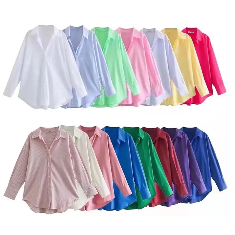 Women Casual Poplin Shirt Loose Long Sleeve Polo Neck Blouse Top Solid Color Striped Urban Commute Fashion Button Up Shirt