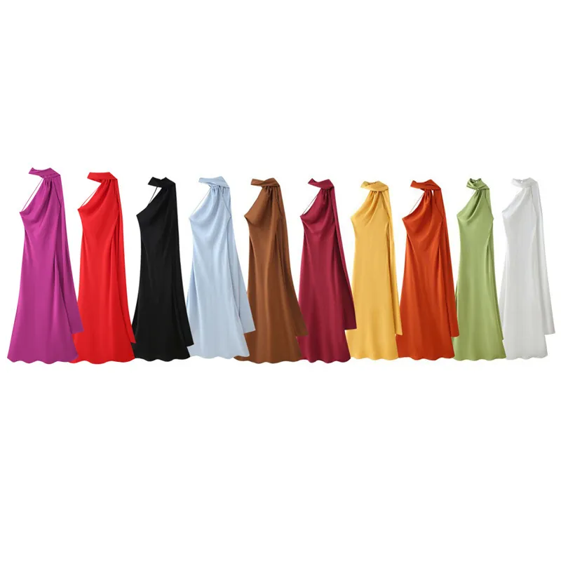 Damen Französisch Elegant Satin Halterneck Maxikleid One Shoulder Streamer-Design Rückenfrei Formal Party Kleid Satin Polyester Gewebe