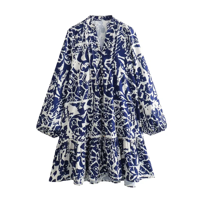 Robe Courte Style Français Imprimé Floral Col V Manches Longues Boutonné Manche Lanterne Ourlet à Volants Robe Bohème Vacances