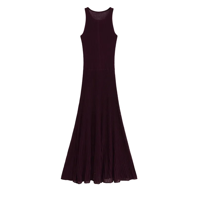 Women Sleeveless Ribbed Knit Maxi Dress Elegant Round Neck High Waist Solid Color Pleated A-Line Summer Long Dress