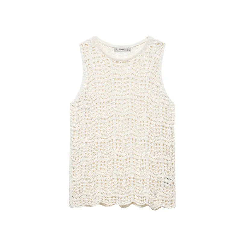 Damen Off White Häkelweste Top Böhmisch Wellenkante Mesh Ärmellos Polyester Strickwaren Sommer Lässiges Unterhemd