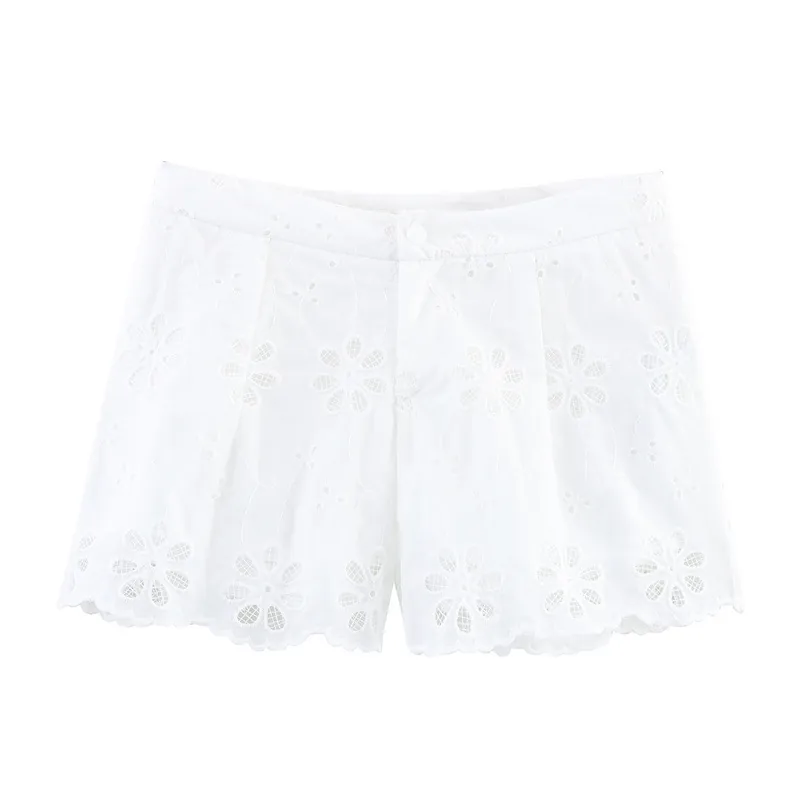 Women Low Waist Embroidered White Shorts Eyelet Broderie Anglaise Scalloped Edge Casual Summer Beach Fashion Bottoms
