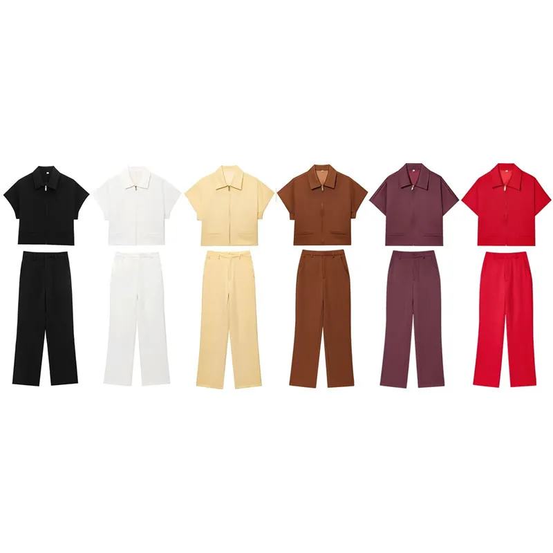 Women Casual Short Sleeve Lapel Zip Up Jacket High Waist Straight Leg Pants Outfits Solid Color Fashion Two Pieces