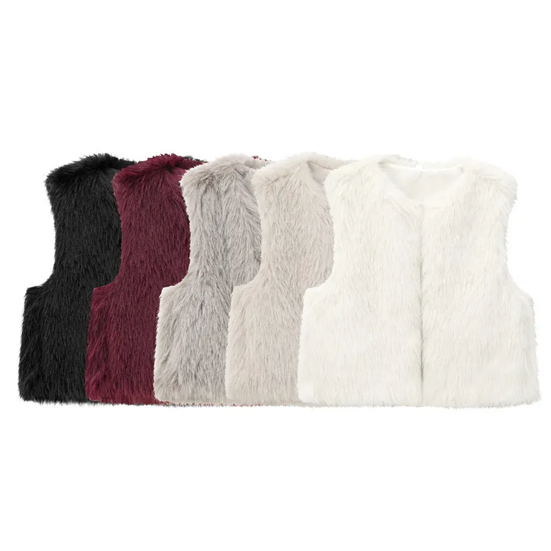 Damen Mode Kunstpelz Weste Ärmellos V-Ausschnitt Vorne Offen Taille Weste Herbst Winter Lässig Einfarbig Plüsch Oberbekleidung