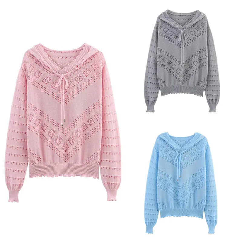 Pull en Tricot à Capuche Ajouré Décontracté pour Femmes Pullover Ample à Manches Longues Avec Cordon et Bords Festonnés
