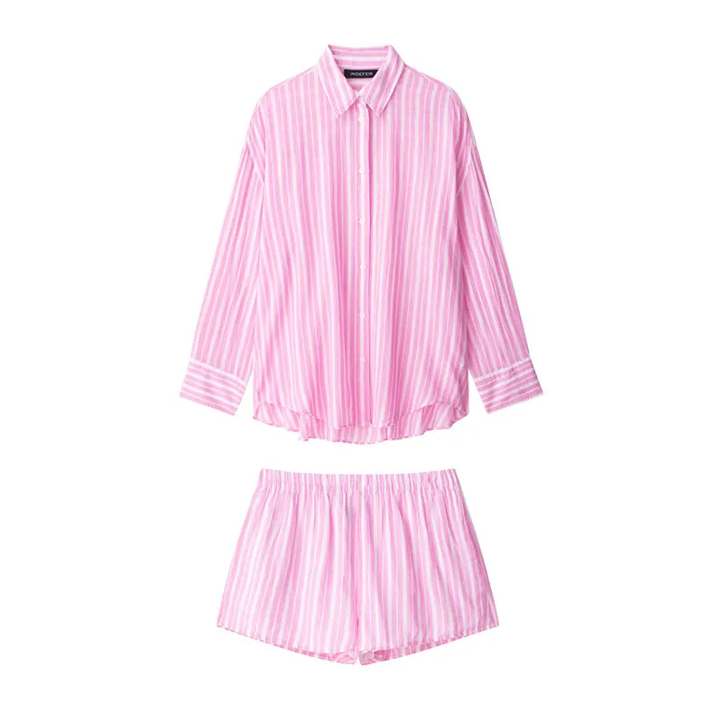 Women Casual Striped Shirt Or Shorts Pajama Style Polyester Blend Long Sleeve Lapel Top Elastic Waist Bottom Pink Green