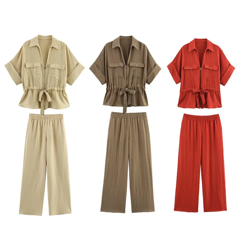 Damen Safari Leinen Kurzarm Reißverschluss Top Und Weite Hose Set Lässige Hohe Taille Urlaub Zwei Teiler Outfits