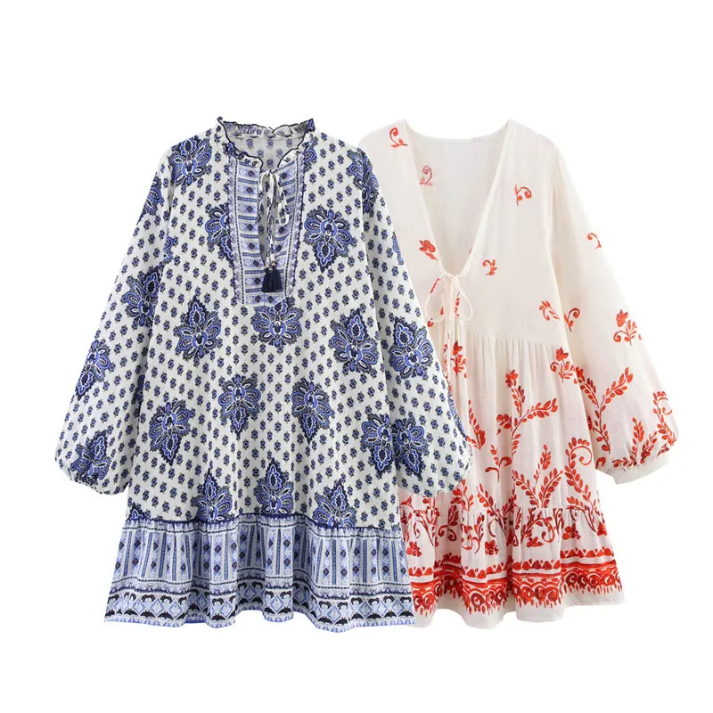 Mini-Robe Bohème à Imprimé Floral pour Femme Manches Lanternes Longues Col en V à Glands Ourlet à Volants Robe Décontractée d'Été