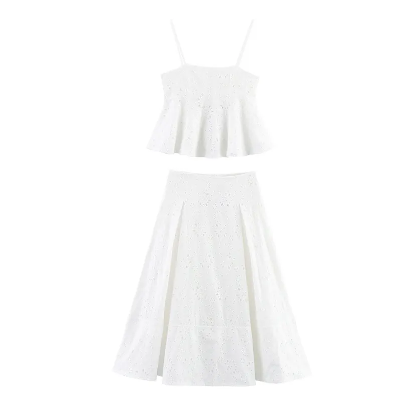 Dames Witte Broderie Anglaise Katoenmix Camisole Top En Midi A-Lijn Rok Set Franse Stijl Zomer Vakantie Outfit