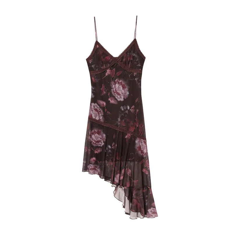 Dames Vintage Bloemenprint Kant V-Hals Strap Onregelmatige Midi Jurk Elegant Mesh Ruffles Mouwloos Vakantie Feestjurk