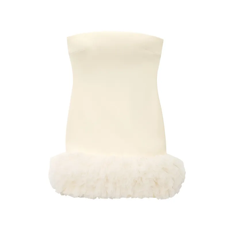 Damen Trägerlos Off-White Minikleid Elegant Puffsaum Netzgewebe Slim Fit Party Bankett Abendkleid