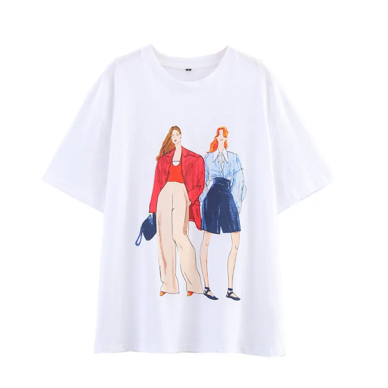 Damen Casual Baumwollmischung Rundhals Kurzarm T-Shirt Mit Mode Charakter Illustration Druck Weiß Sommer Top