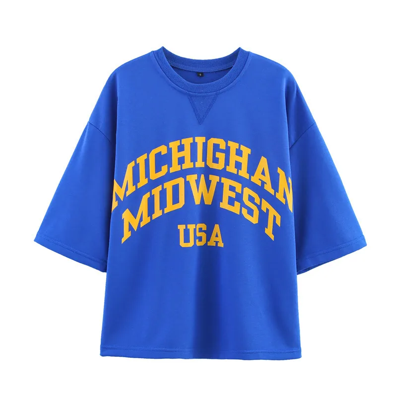 Women's Casual Oversized Cotton Blend T-Shirt Vintage Michigan Letter Print Round Neck Short Sleeve Drop Shoulder Top
