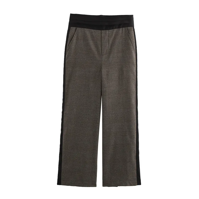 Pantaloni Donna a Vita Alta Quadri Gamba Larga Poliestere Contrasto Striscia Laterale Dritti Casual Streetwear Ufficio