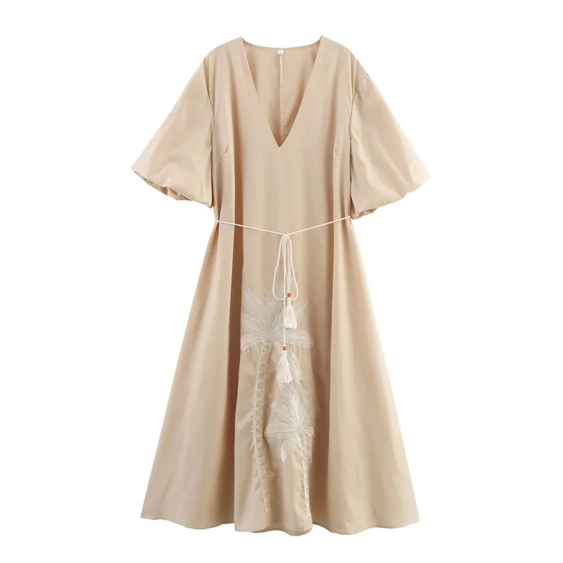 Elegante Plus Size Maxi Jurk Met V-Hals En Pofmouwen Kokosboom Borduurwerk En Tassel Taille Riem Zomer Vakantie Jurk