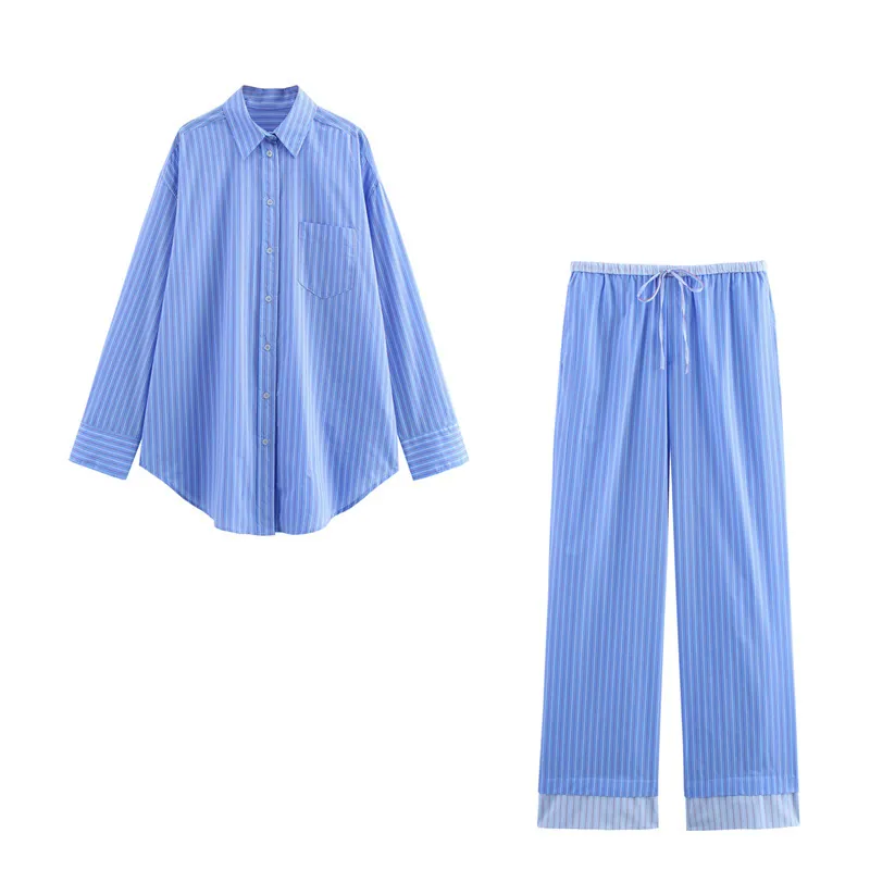 Women Casual Stripe Pants Set Long Sleeve Button Shirt And Straight Pants Retro Loungewear Two Piece Outfit