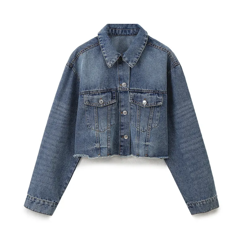 Damen Kurz Jeansjacke Retro Blau Wasser-Waschung Fransen-Saum Langarm Denim Jacke Streetwear Outerwear Mode Mantel