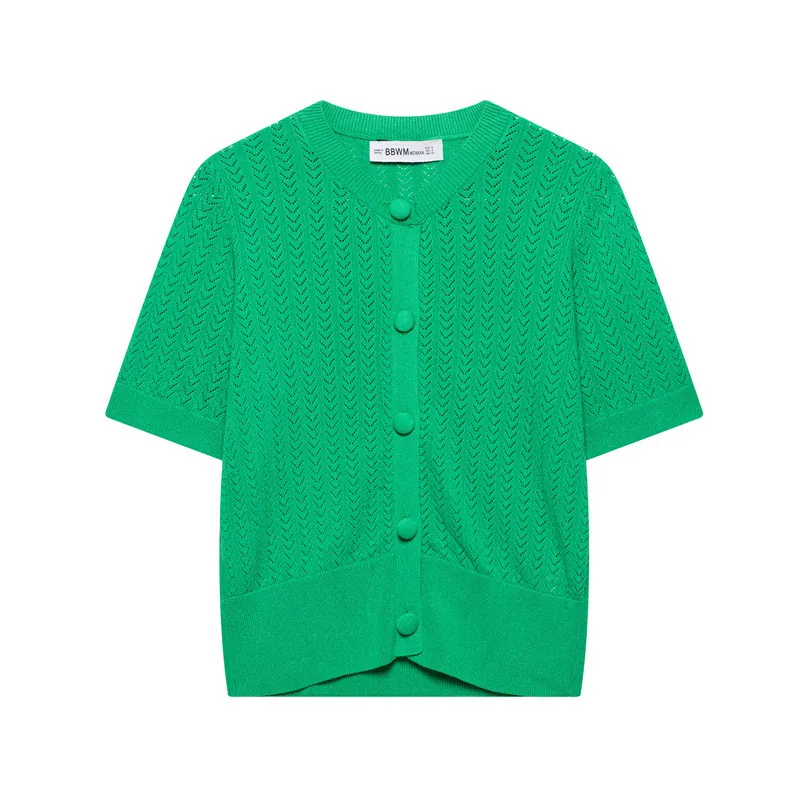 Cárdigan de Punto de Manga Corta Verde Informal para Mujer Top Ajustado con Botones Calados Pointelle para Verano Primavera