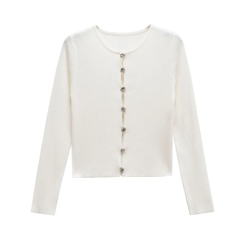 Women Ribbed Knit Cardigan Cotton Blend Long Sleeve Round Neck Slim Fit Basic Solid Color Sweater With Metal Buttons