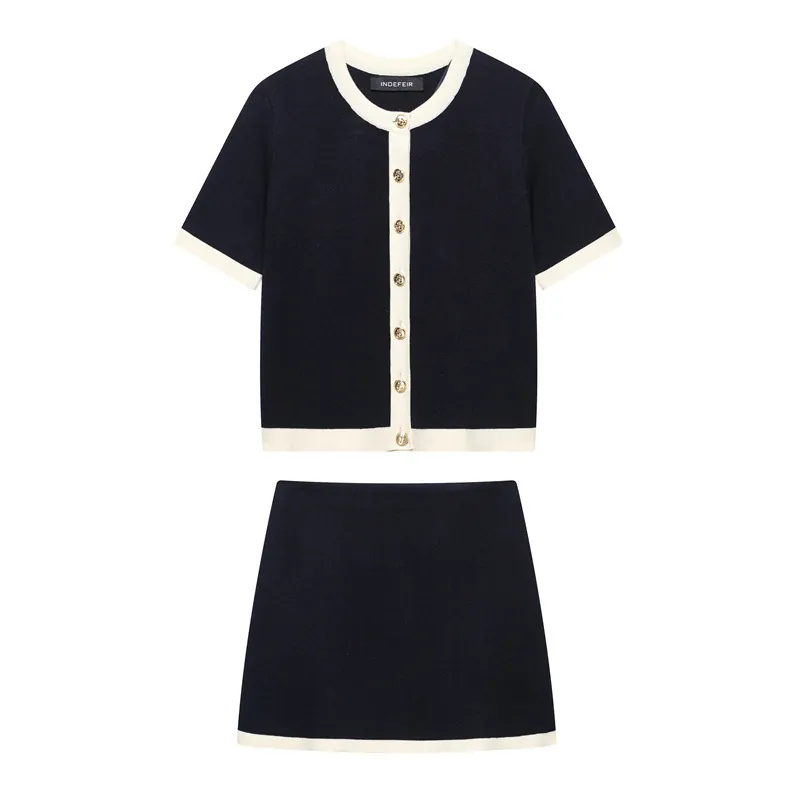 Elegant Navy Blue Women Knit Cardigan And Skirt Outfit With Contrast Trim Gold Buttons French Style Short Sleeve Knitwear