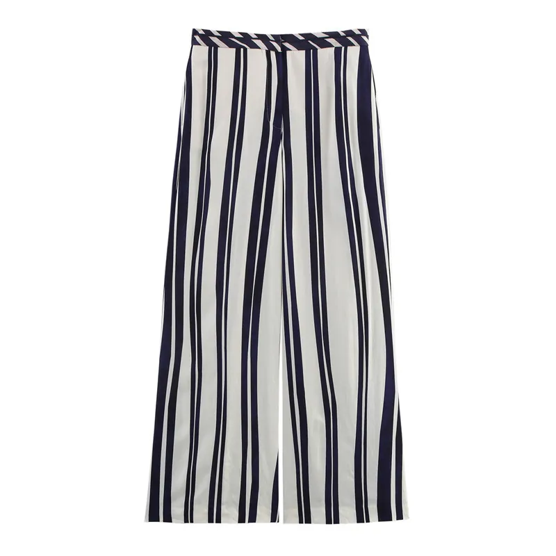 Damen Hohe Taille Hose Weites Bein Vertikale Streifen Satin Casual Locker Hose Blau Weiß Mode Streetwear Mit Tasche