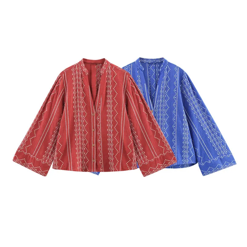 Damen Vintage Boho Bestickte Langarmbluse V-Ausschnitt Geknöpft Geometrisches Ethno-Muster Casual Polyester Hemd Oberteil