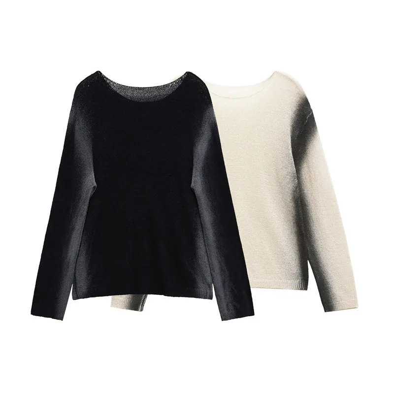 Pull-over Décontracté en Tricot Ombré pour Femmes Col Rond Manches Longues Effet Délavé Poignets Côtelés Haut à la Mode