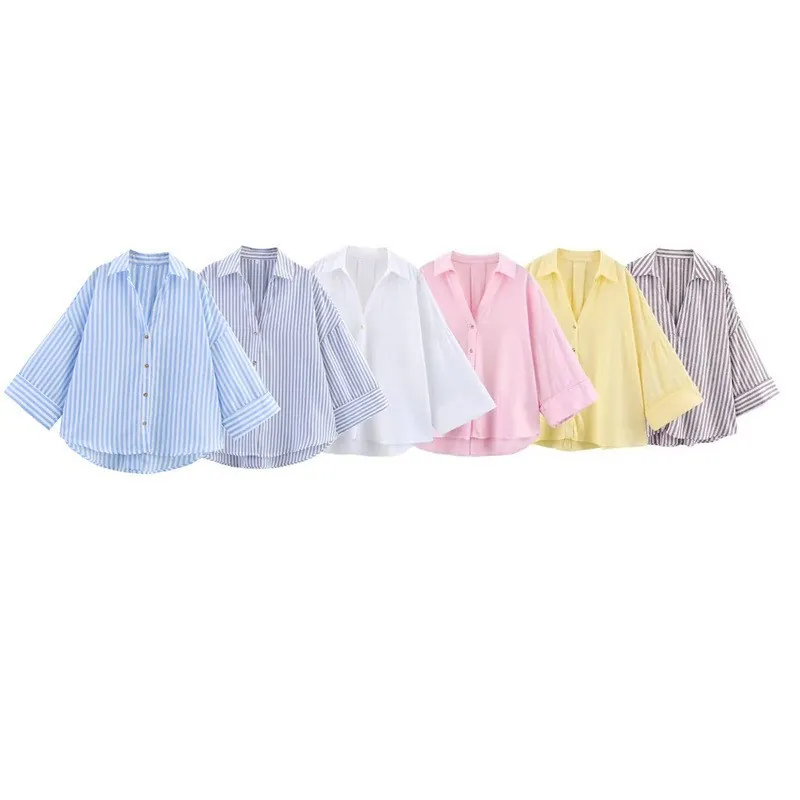 Chemisier Femme Oversize Mélange de Lin Rayé Décontracté Revers Boutonnage Simple Blouse en Popeline Ample Manches Longues Ourlet Arrondi Top Mode Printemps