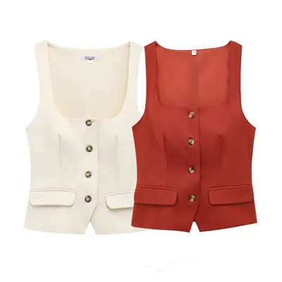 Women Fashion Square Neck Single Breasted Suit Vest Slim Fit Solid Color Sleeveless Top With Flap Pockets Office Wear