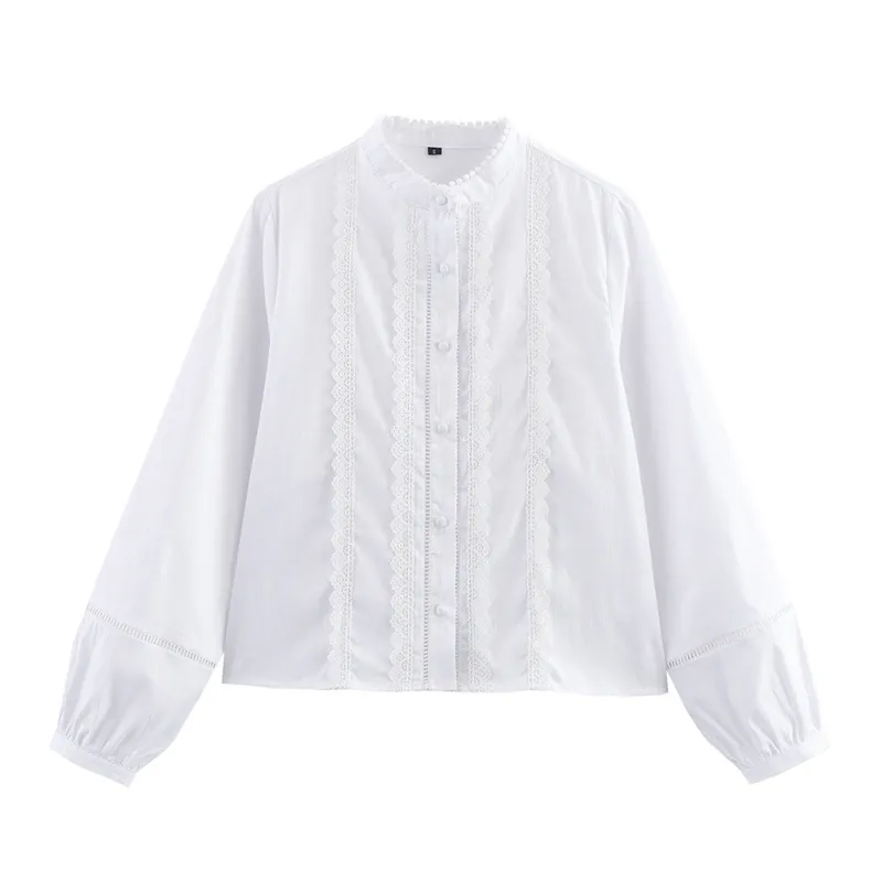 Vintage Weiße Spitzenbluse Für Damen Langarm Stehkragen Hohlstickerei Baumwollmischung Elegantes Hemd Damen Casual Oberteile