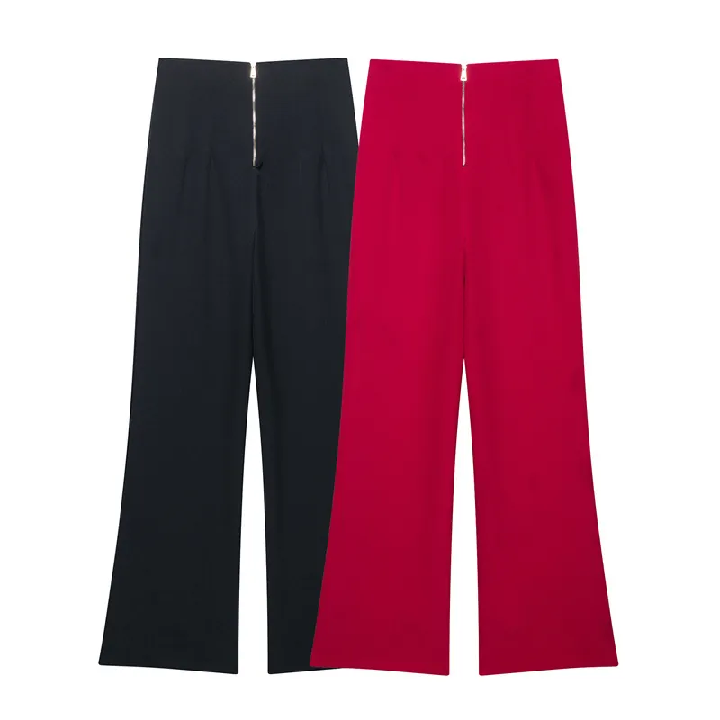 Pantaloni a Vita Alta a Gamba Larga da Donna Pantaloni Casual Tinta Unita Minimalisti Con Cerniera in Metallo