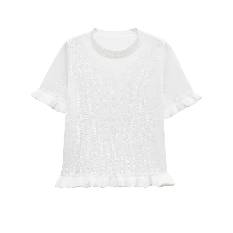 Haut en Maille à Manches Courtes pour Femmes Col Rond Blanc Uni Ourlet à Volants Élégant Mélange de Coton Pull d'Été Décontracté