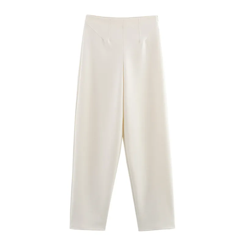 Damen High Waist Hose Mit Geradem Bein Minimalistische Einfarbige Off-White Baumwollmischung Hose Mit Unsichtbarem Seitenreißverschluss