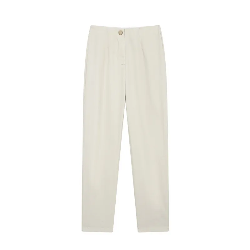 Pantaloni Donna Vita Alta Gamba Dritta Bottone Dorato Minimalisti Crema Pantaloni Casual Moda Primavera Streetwear