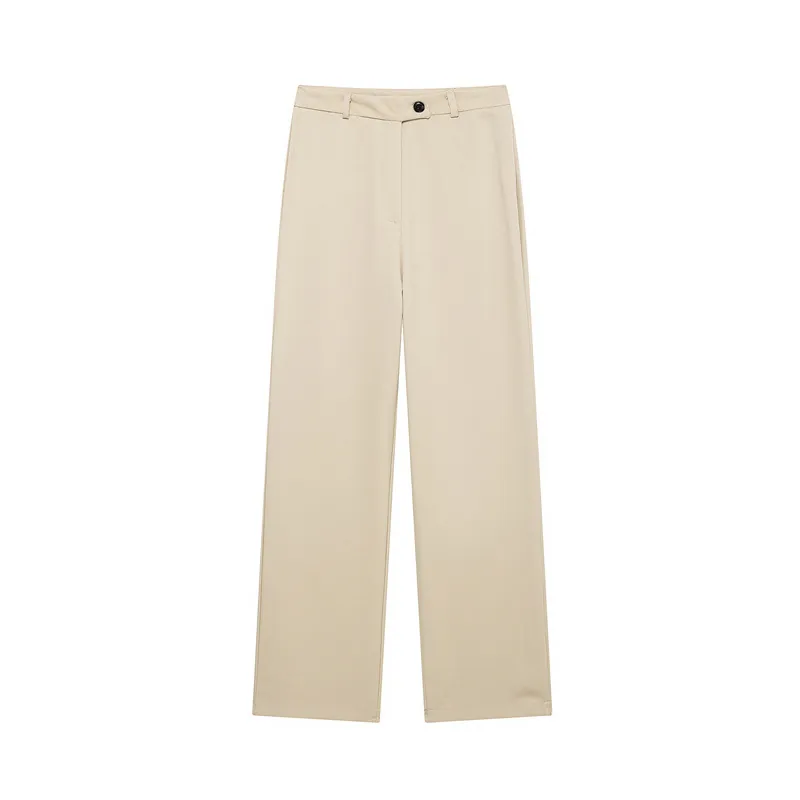 Pantalon à Taille Haute pour Femmes Jambes Larges Minimaliste Coupe Droite Couleur Unie Abricot Décontracté