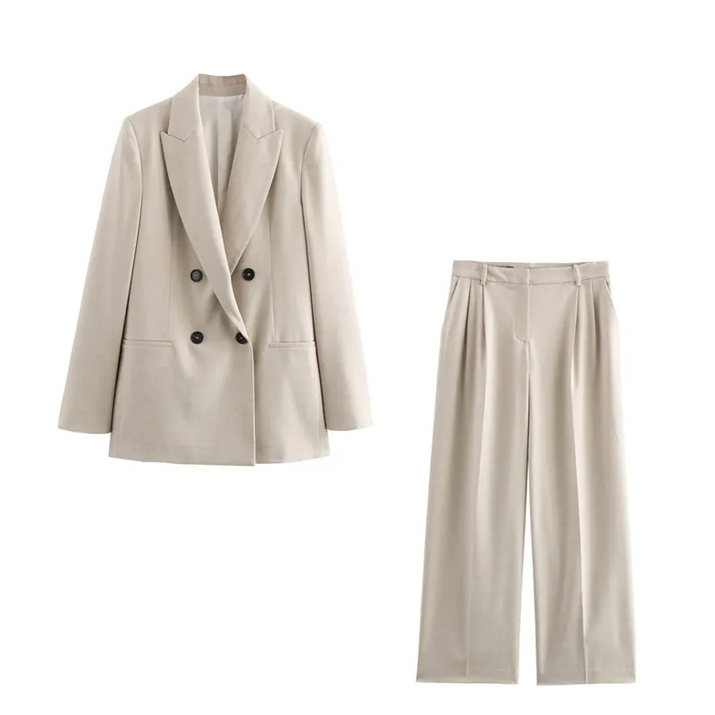Elegantes Damen Zweireihiger Blazer Und Weite Hose Set Einfarbig Satin Büro Lady Arbeitskleidung Outfit Für Frühling Sommer