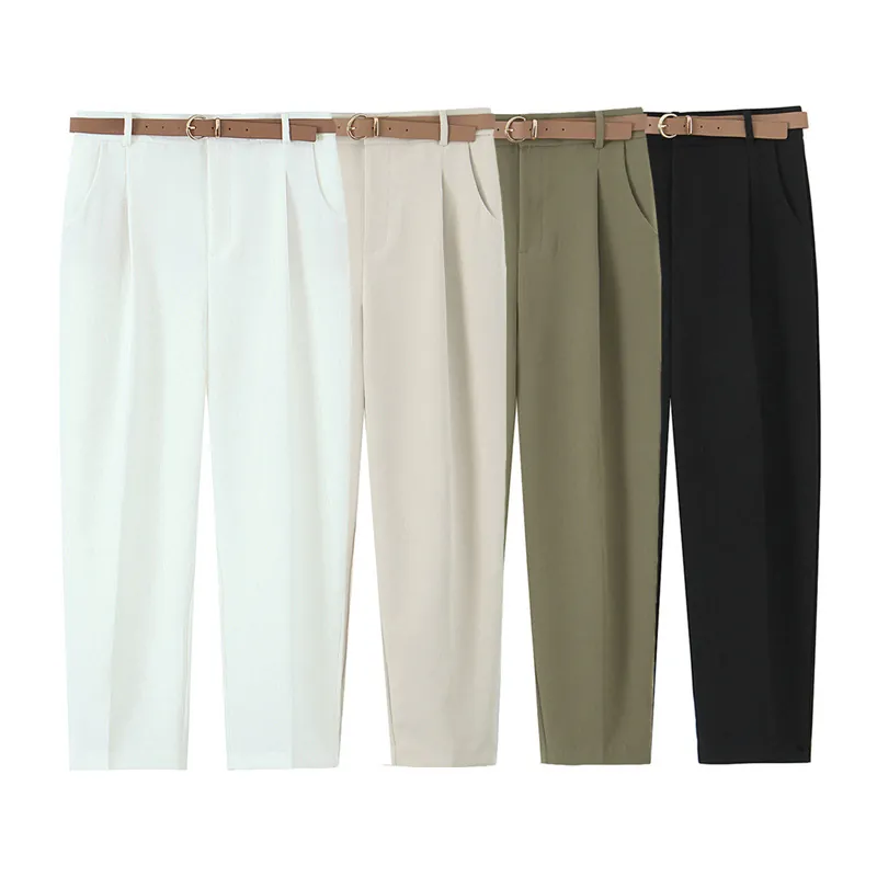 Pantaloni da Abito a Gamba Dritta a Vita Alta da Donna Pantaloni Plissettati Casual Con Cintura Marrone Tinta Unita Moda Ufficio