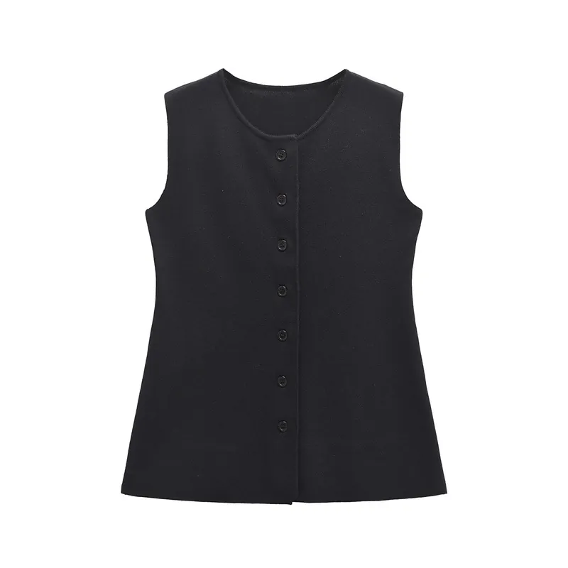 Women's Casual Mercerized Cotton Knitted Vest Round Neck Single Breasted Sleeveless Slim Fit Solid Black Waistcoat Top