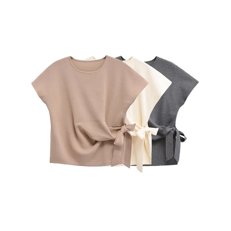 Maglietta in Maglia Casual da Donna con Girocollo e Manica Corta Fiocco Laterale Morbido Cotone Mercerizzato Tinta Unita Camicetta Estiva Elegante